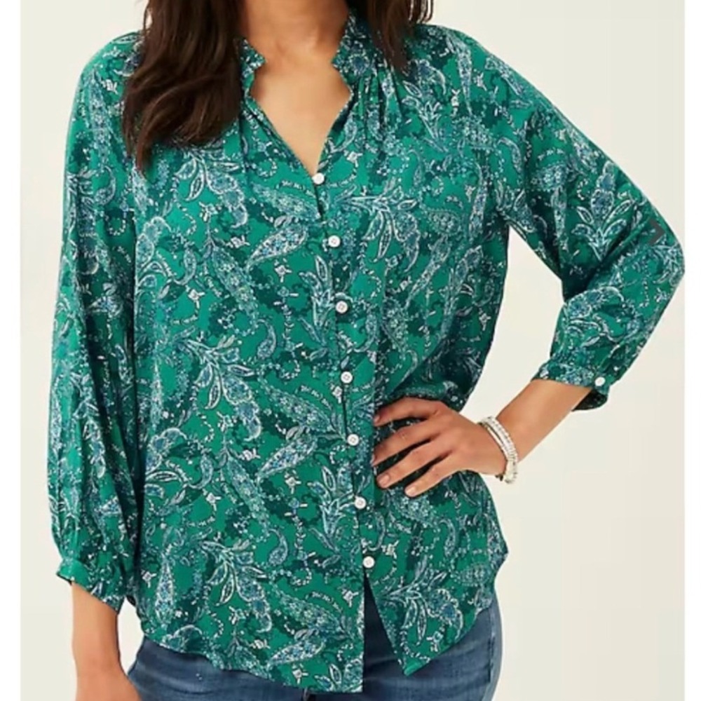 J. Jill Green Paisley Ruffle Neck Button Up Peasant Blouse Women XL Boho Coastal